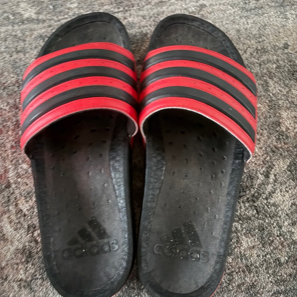 Adidas Black and Red Striped Slides